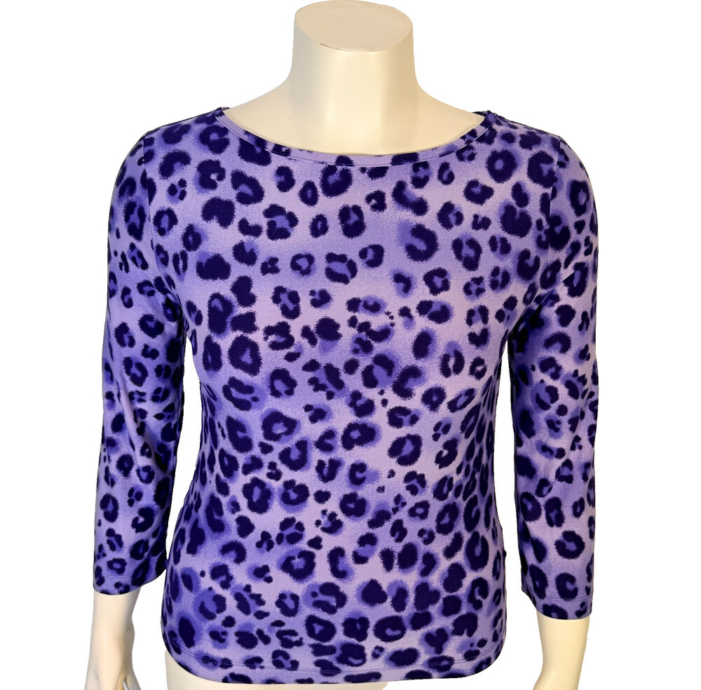 Thalia Sodi Knit Top Women's L Fits like M Purple Indigo Blue Leopard 3/4 Sleeve
